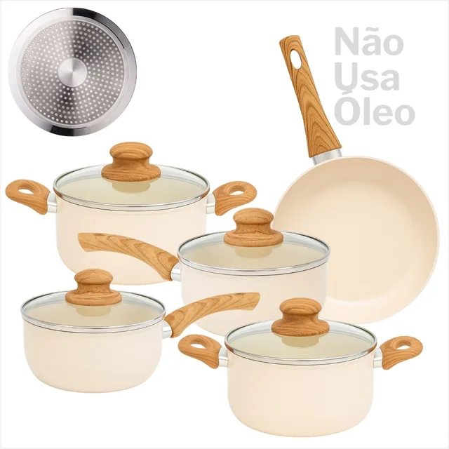 Jogo Panelas Cairo 5 Pecas Com Tampa De Vidro Revestimento Ceramico