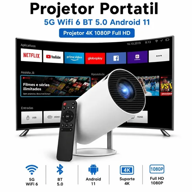 Projetor Portatil 5G Wifi 6 BT 5.0 Android 11Projetor 4K 1080P Full HD Suporte 8000 Lumens Led