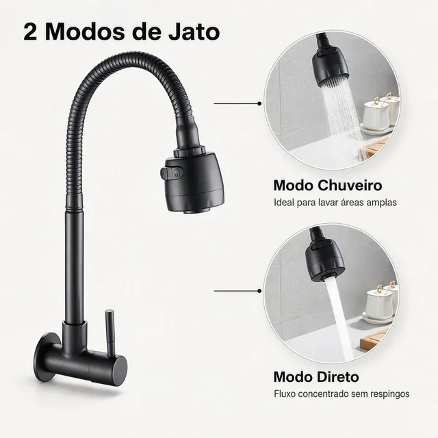 Torneira Inox Prata/Preto Com Chuveiro Com Rotação De 360° Cozinha Luxo Parede Promoção
