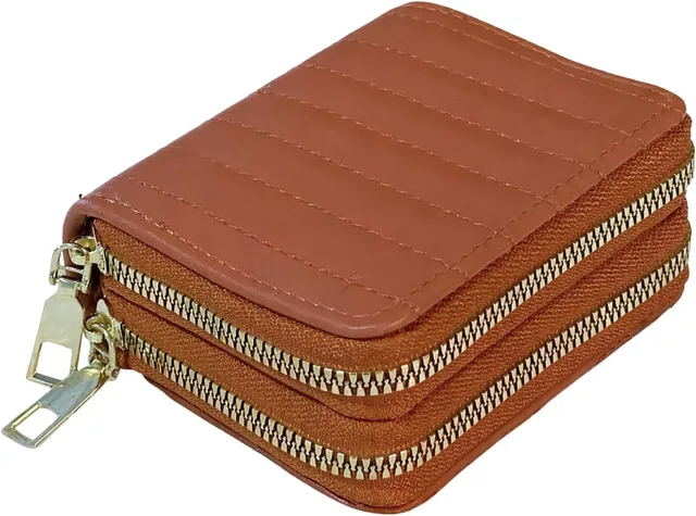 Carteira Feminina Couro sintético Compacta Casual Duplo Ziper Porta Cartão E Moedas (MARROM)